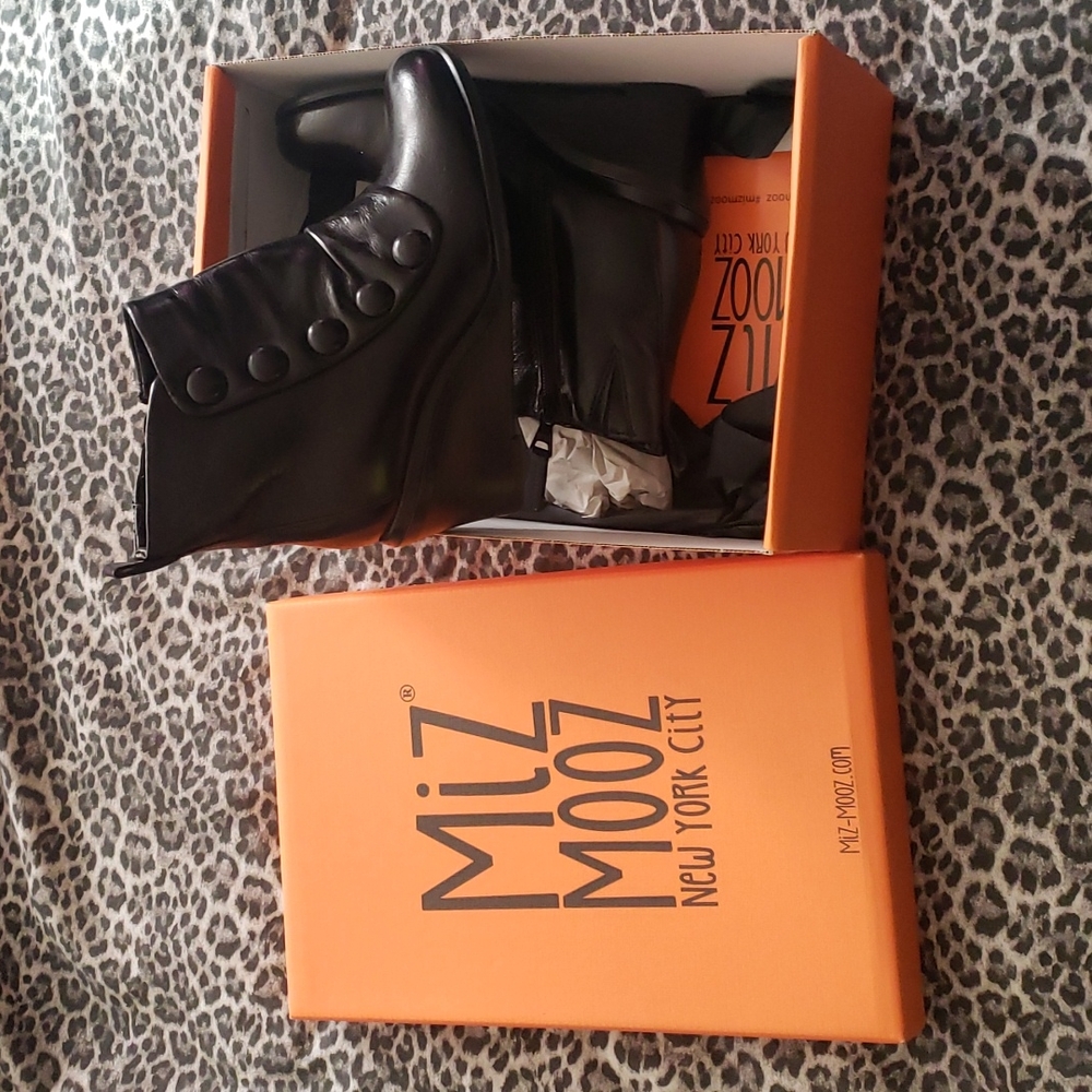 Miz Mooz Black Leather Ankle Booties with Button Accent